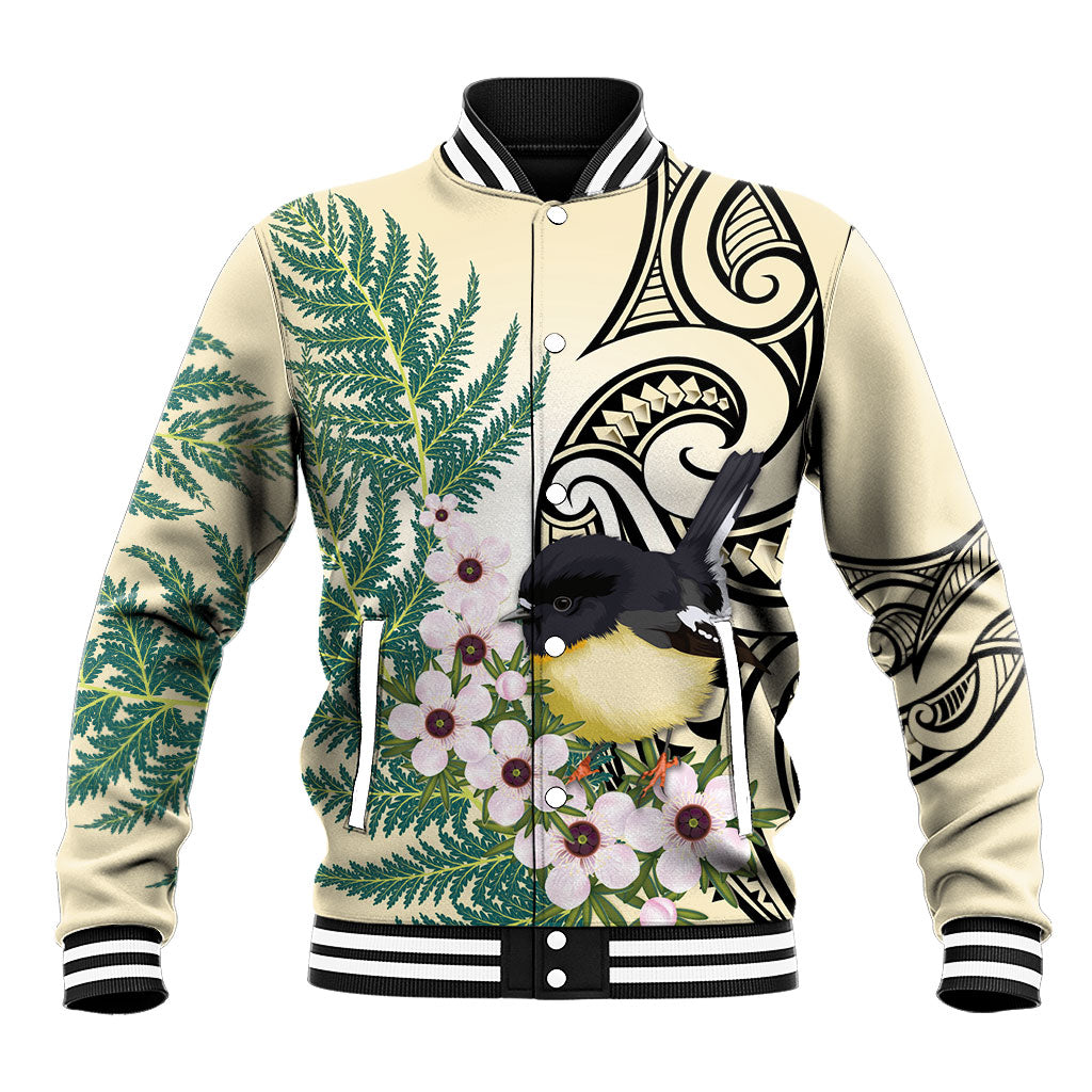 Endemic Tomtit New Zealand Baseball Jacket Miromiro Manuka Silver Fern Maori Pattern LT14 Unisex Cream - Polynesian Pride