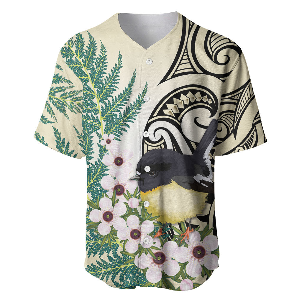 Endemic Tomtit New Zealand Baseball Jersey Miromiro Manuka Silver Fern Maori Pattern LT14 Cream - Polynesian Pride