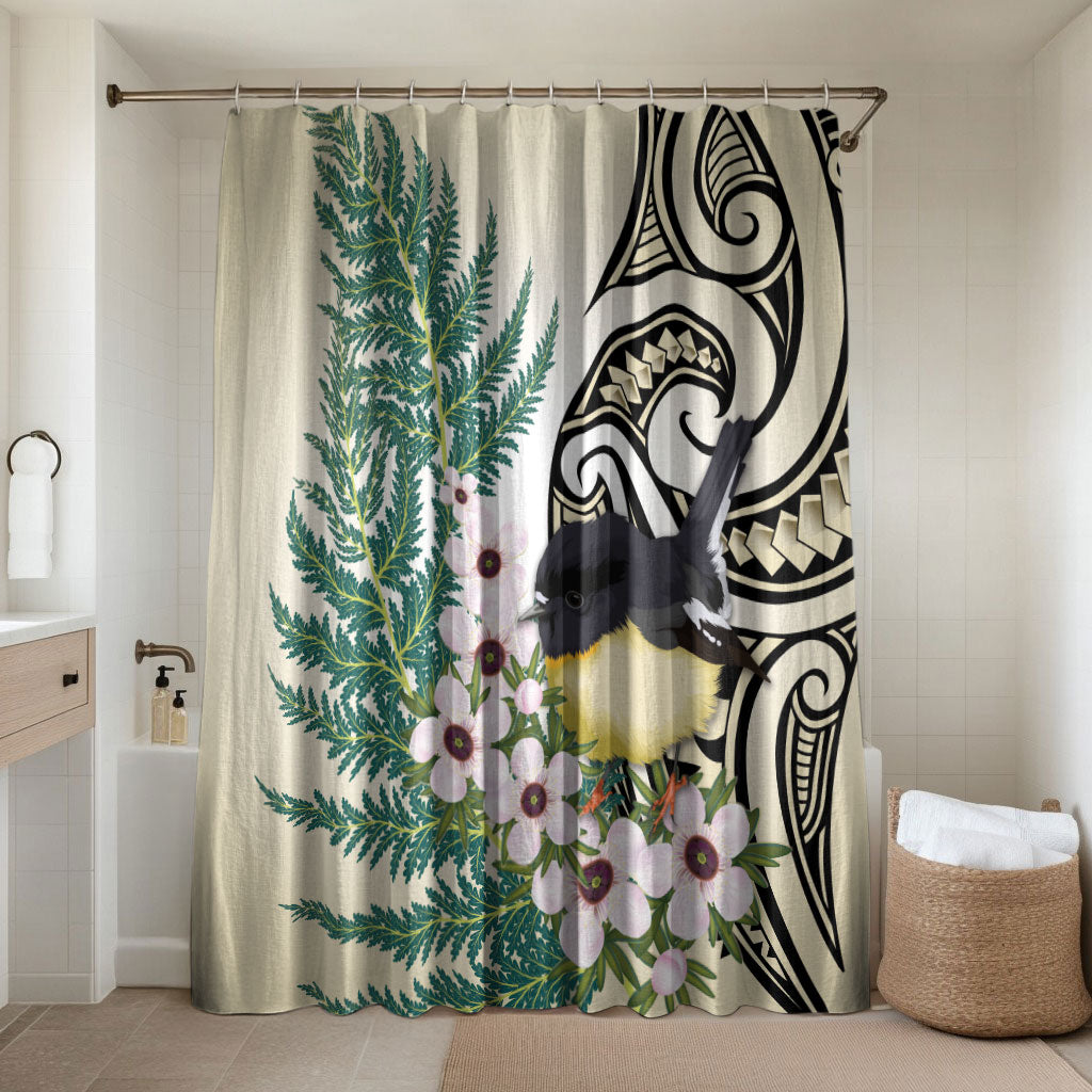 Endemic Tomtit New Zealand Bathroom Set Miromiro Manuka Silver Fern Maori Pattern LT14 Shower Curtain Only Cream - Polynesian Pride