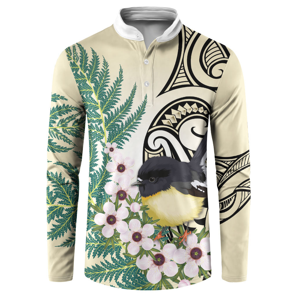 Endemic Tomtit New Zealand Button Sweatshirt Miromiro Manuka Silver Fern Maori Pattern LT14 Cream - Polynesian Pride