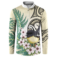 Endemic Tomtit New Zealand Button Sweatshirt Miromiro Manuka Silver Fern Maori Pattern LT14 Cream - Polynesian Pride
