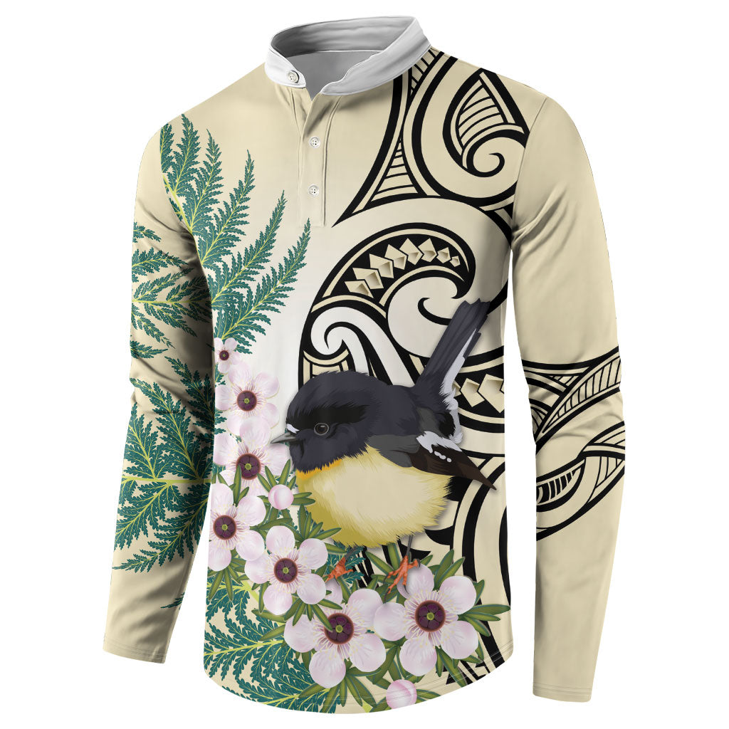 Endemic Tomtit New Zealand Button Sweatshirt Miromiro Manuka Silver Fern Maori Pattern LT14 - Polynesian Pride