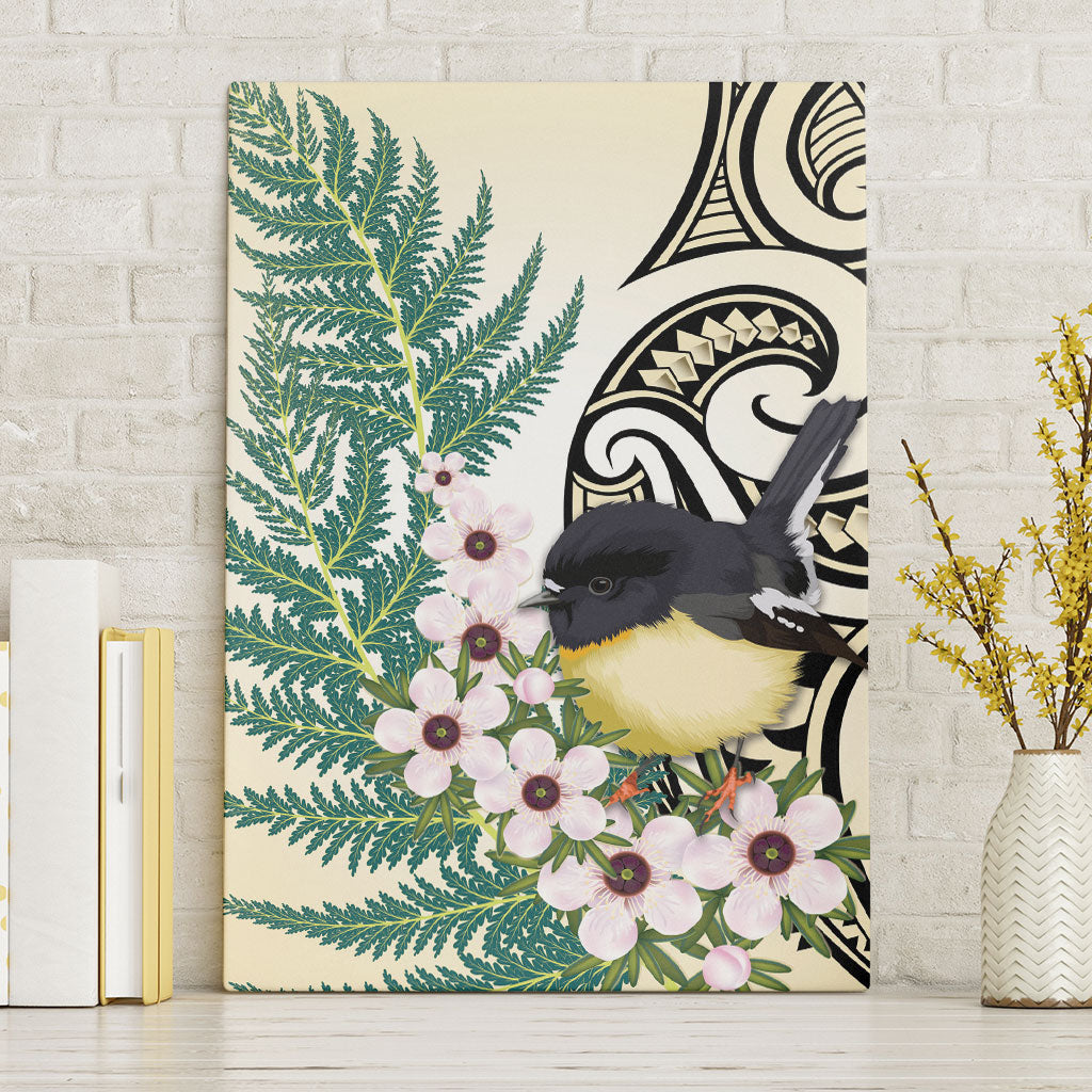 Endemic Tomtit New Zealand Canvas Wall Art Miromiro Manuka Silver Fern Maori Pattern LT14 Without Frame Cream - Polynesian Pride