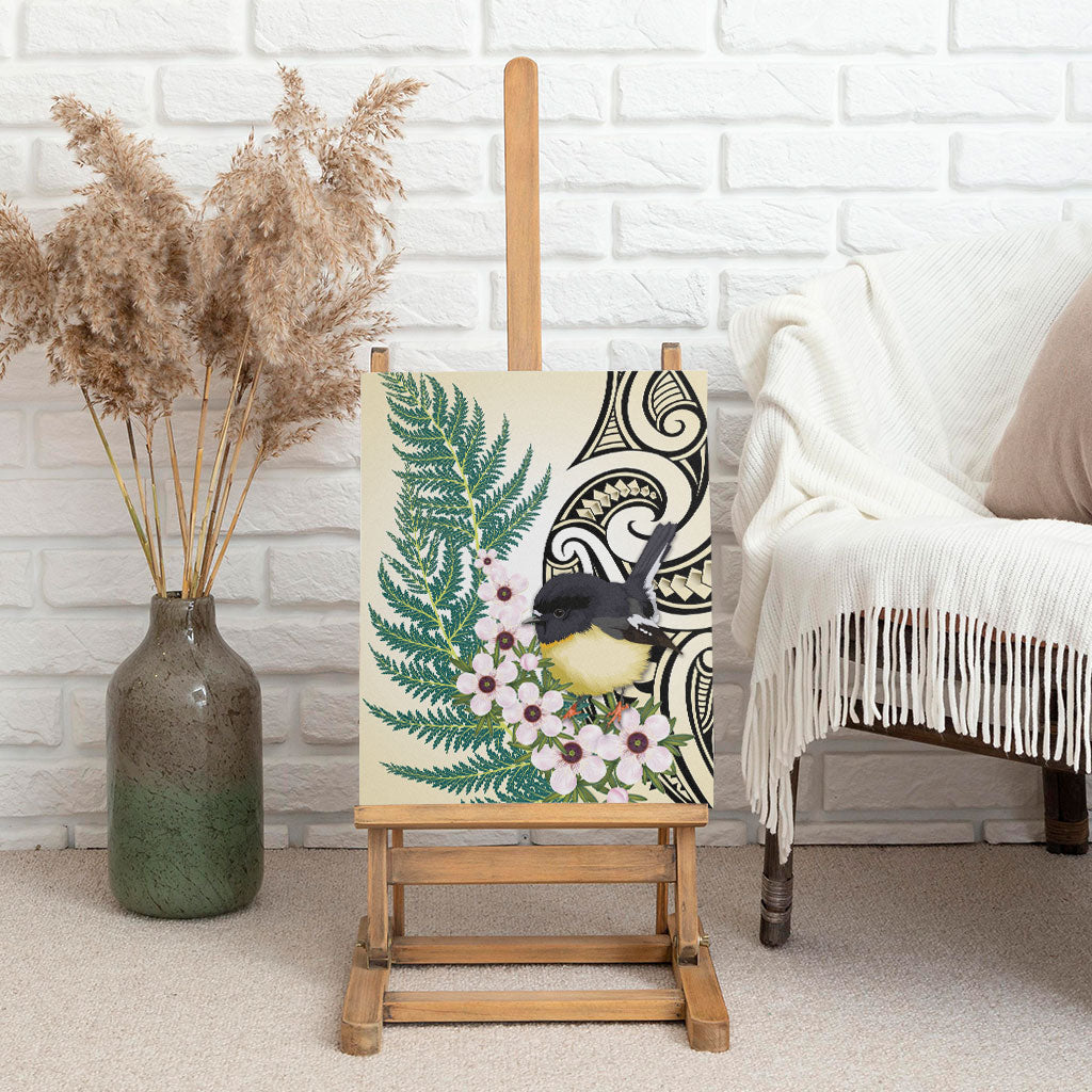 Endemic Tomtit New Zealand Canvas Wall Art Miromiro Manuka Silver Fern Maori Pattern LT14 - Polynesian Pride