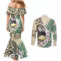 Endemic Tomtit New Zealand Couples Matching Mermaid Dress and Long Sleeve Button Shirt Miromiro Manuka Silver Fern Maori Pattern