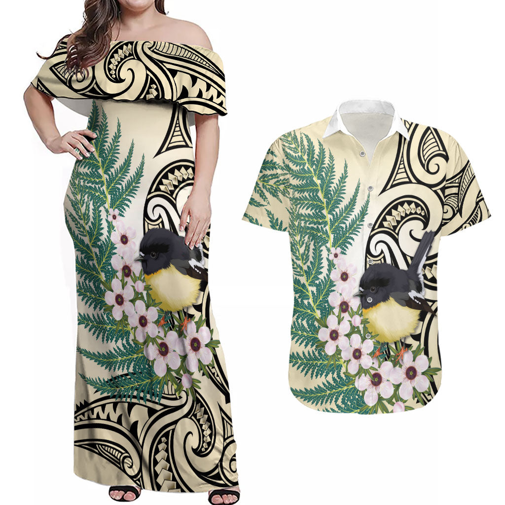 Endemic Tomtit New Zealand Couples Matching Off Shoulder Maxi Dress and Hawaiian Shirt Miromiro Manuka Silver Fern Maori Pattern