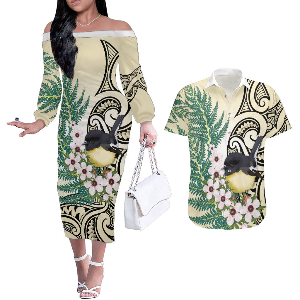 Endemic Tomtit New Zealand Couples Matching Off The Shoulder Long Sleeve Dress and Hawaiian Shirt Miromiro Manuka Silver Fern Maori Pattern LT14 Cream - Polynesian Pride