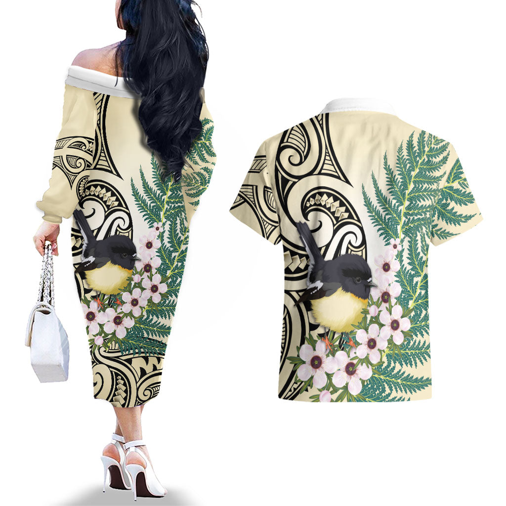 Endemic Tomtit New Zealand Couples Matching Off The Shoulder Long Sleeve Dress and Hawaiian Shirt Miromiro Manuka Silver Fern Maori Pattern