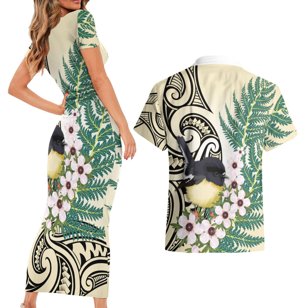 Endemic Tomtit New Zealand Couples Matching Short Sleeve Bodycon Dress and Hawaiian Shirt Miromiro Manuka Silver Fern Maori Pattern