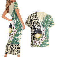 Endemic Tomtit New Zealand Couples Matching Short Sleeve Bodycon Dress and Hawaiian Shirt Miromiro Manuka Silver Fern Maori Pattern