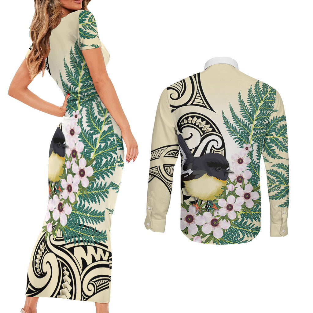 Endemic Tomtit New Zealand Couples Matching Short Sleeve Bodycon Dress and Long Sleeve Button Shirt Miromiro Manuka Silver Fern Maori Pattern