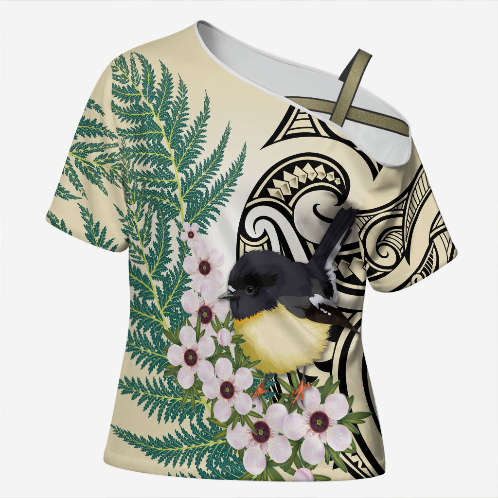 Endemic Tomtit New Zealand Cross Shoulder Shirt Miromiro Manuka Silver Fern Maori Pattern