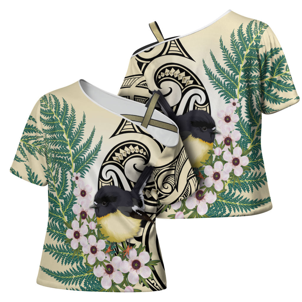Endemic Tomtit New Zealand Cross Shoulder Shirt Miromiro Manuka Silver Fern Maori Pattern