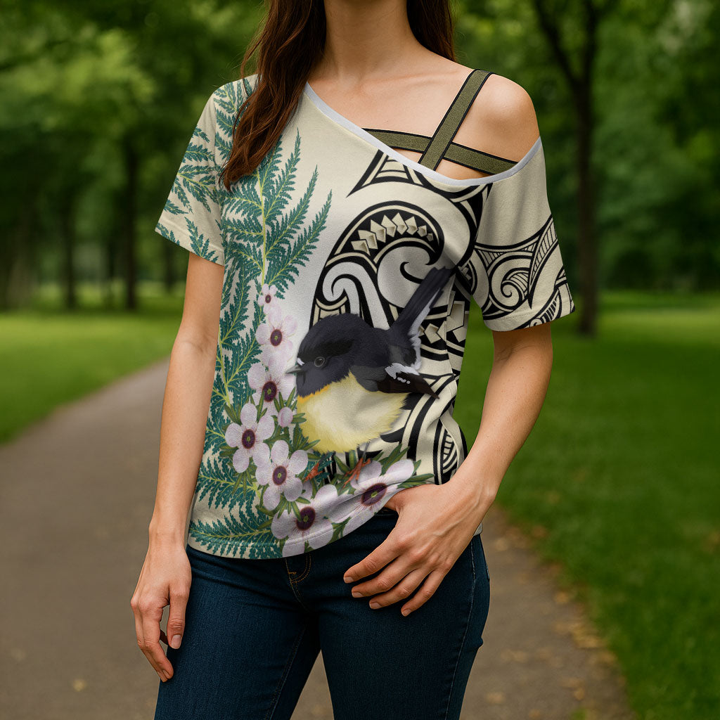 Endemic Tomtit New Zealand Cross Shoulder Shirt Miromiro Manuka Silver Fern Maori Pattern