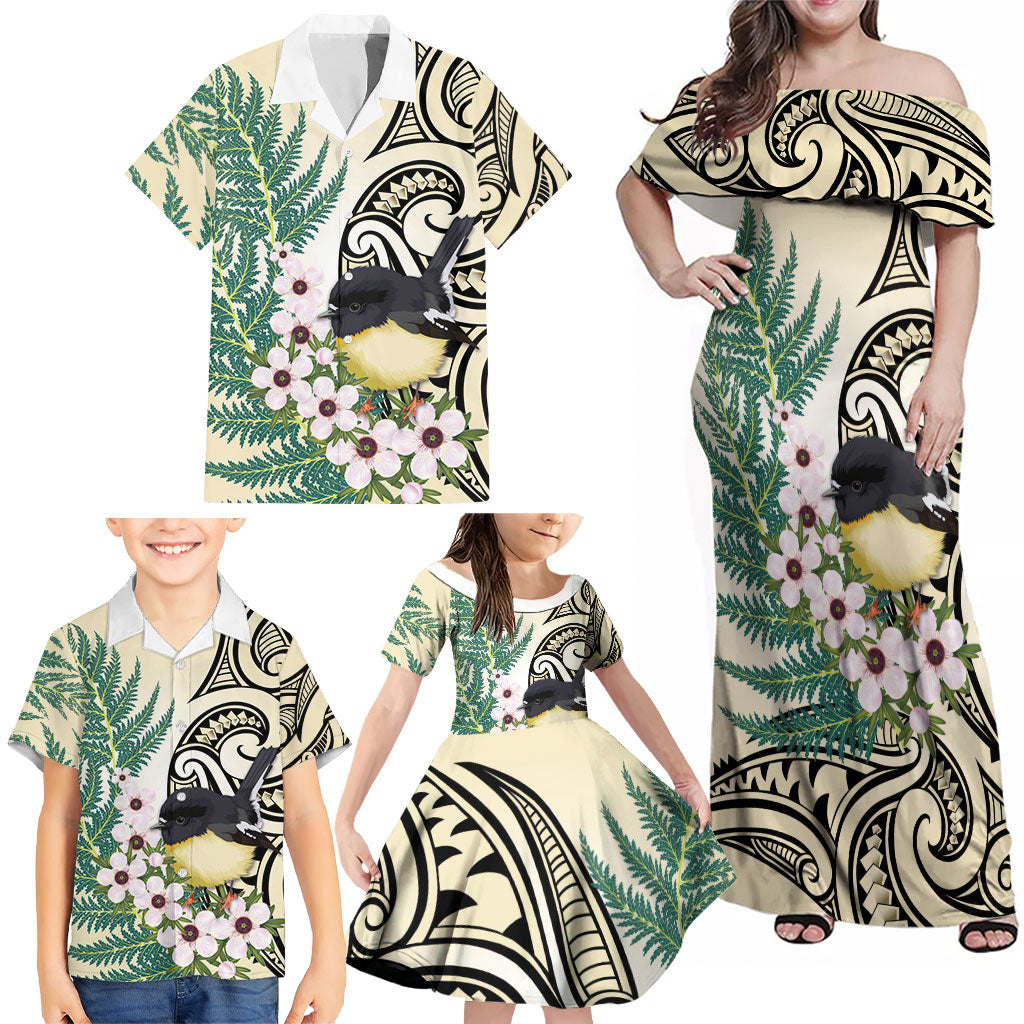 Endemic Tomtit New Zealand Family Matching Off Shoulder Maxi Dress and Hawaiian Shirt Miromiro Manuka Silver Fern Maori Pattern