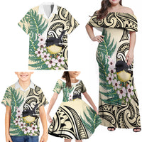 Endemic Tomtit New Zealand Family Matching Off Shoulder Maxi Dress and Hawaiian Shirt Miromiro Manuka Silver Fern Maori Pattern