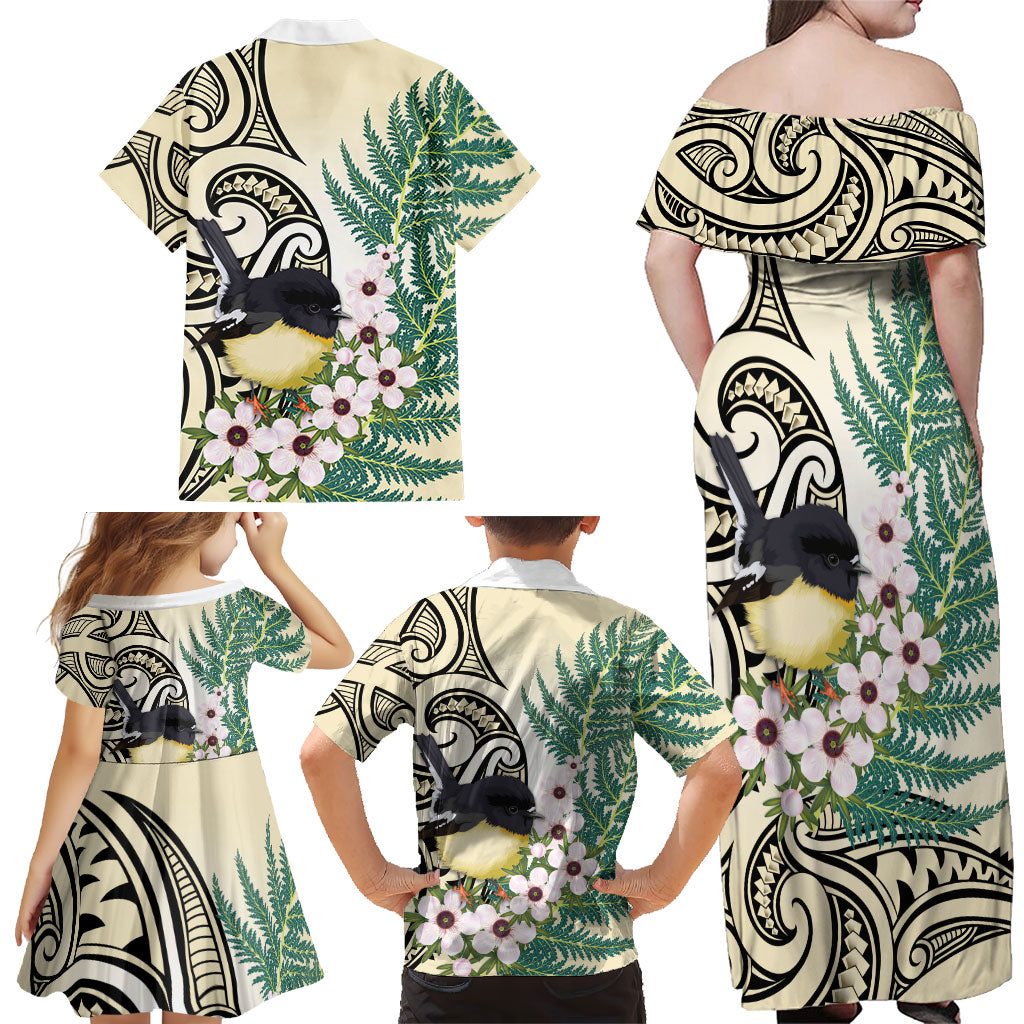 Endemic Tomtit New Zealand Family Matching Off Shoulder Maxi Dress and Hawaiian Shirt Miromiro Manuka Silver Fern Maori Pattern