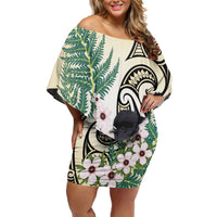 Endemic Tomtit New Zealand Family Matching Off Shoulder Short Dress and Hawaiian Shirt Miromiro Manuka Silver Fern Maori Pattern