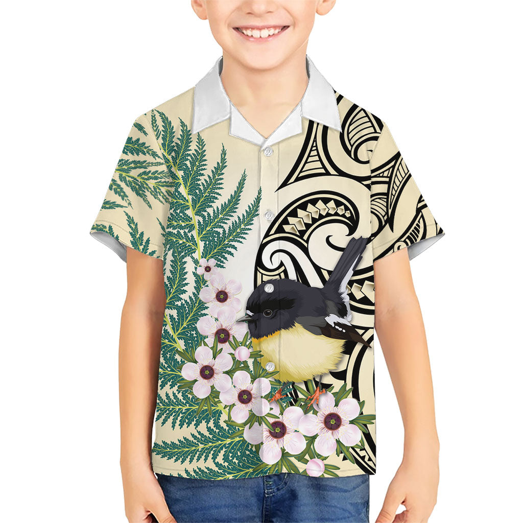 Endemic Tomtit New Zealand Family Matching Off Shoulder Short Dress and Hawaiian Shirt Miromiro Manuka Silver Fern Maori Pattern