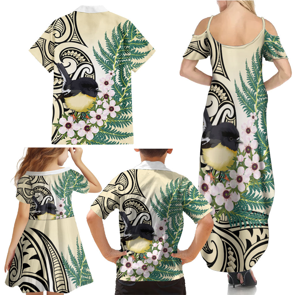 Endemic Tomtit New Zealand Family Matching Summer Maxi Dress and Hawaiian Shirt Miromiro Manuka Silver Fern Maori Pattern