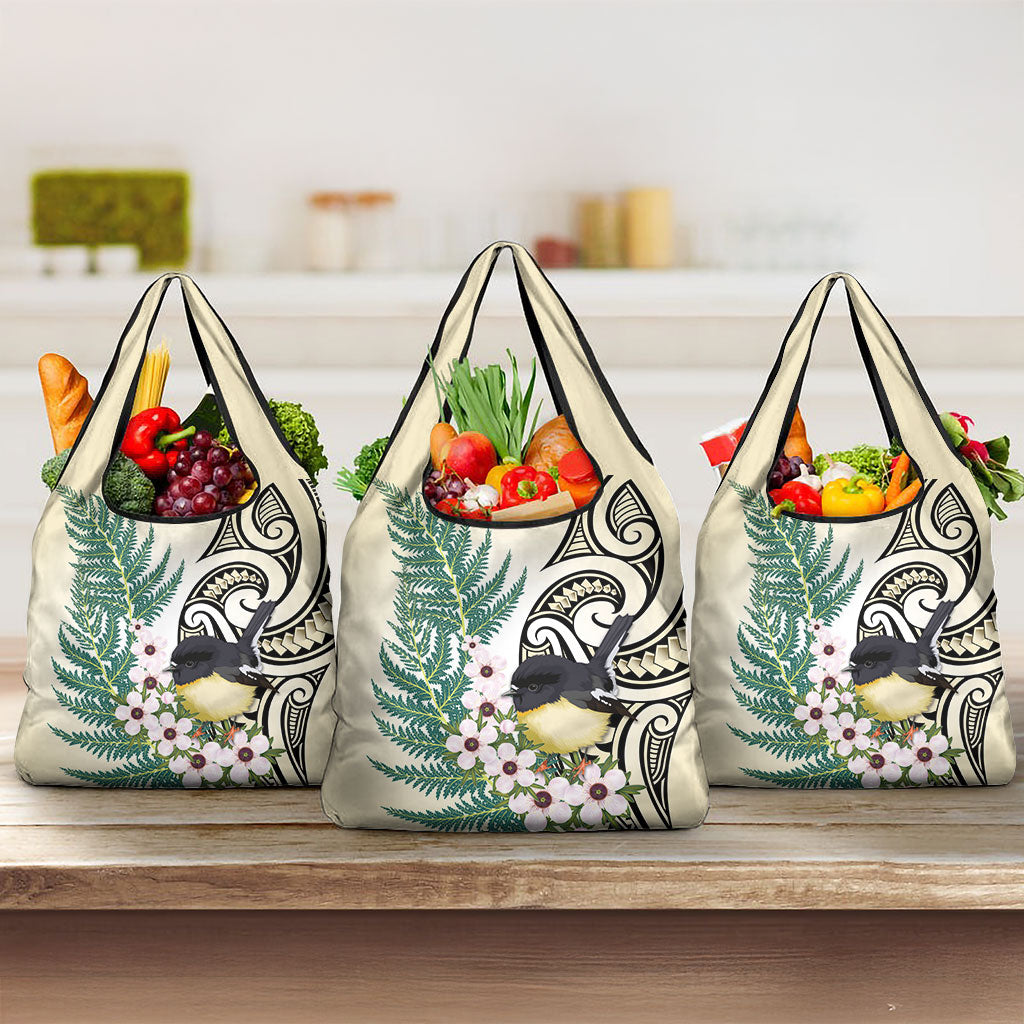 Endemic Tomtit New Zealand Grocery Bag Miromiro Manuka Silver Fern Maori Pattern LT14 3-pack One Size Cream - Polynesian Pride