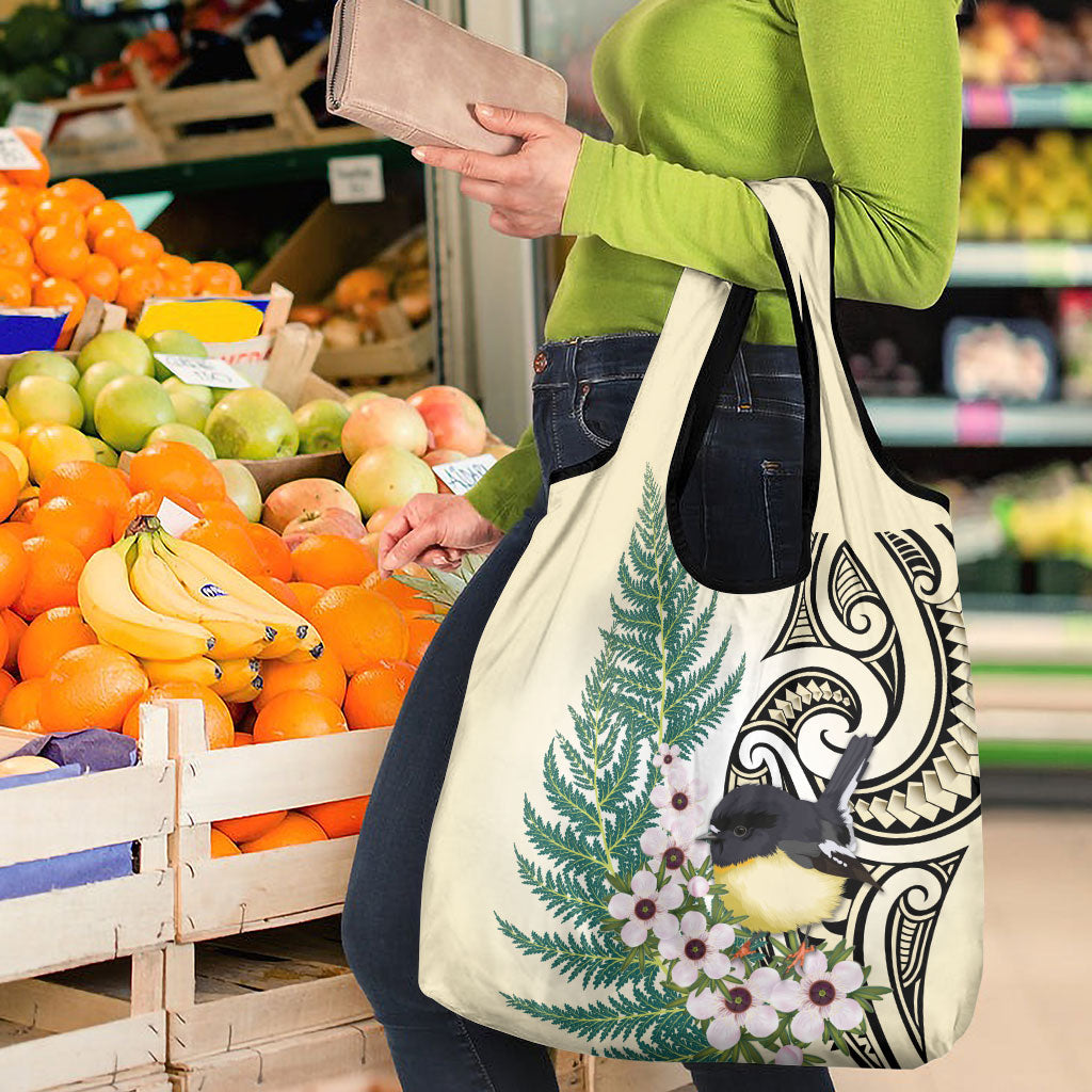 Endemic Tomtit New Zealand Grocery Bag Miromiro Manuka Silver Fern Maori Pattern LT14 - Polynesian Pride
