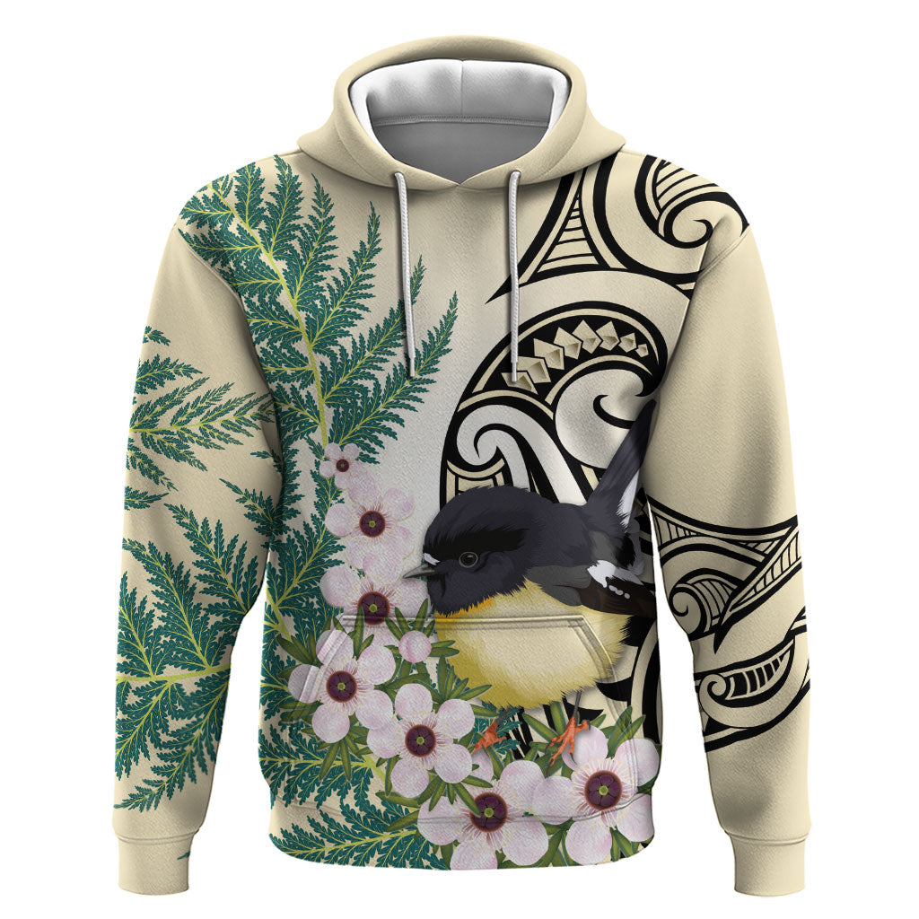 Endemic Tomtit New Zealand Hoodie Miromiro Manuka Silver Fern Maori Pattern LT14 Pullover Hoodie Cream - Polynesian Pride
