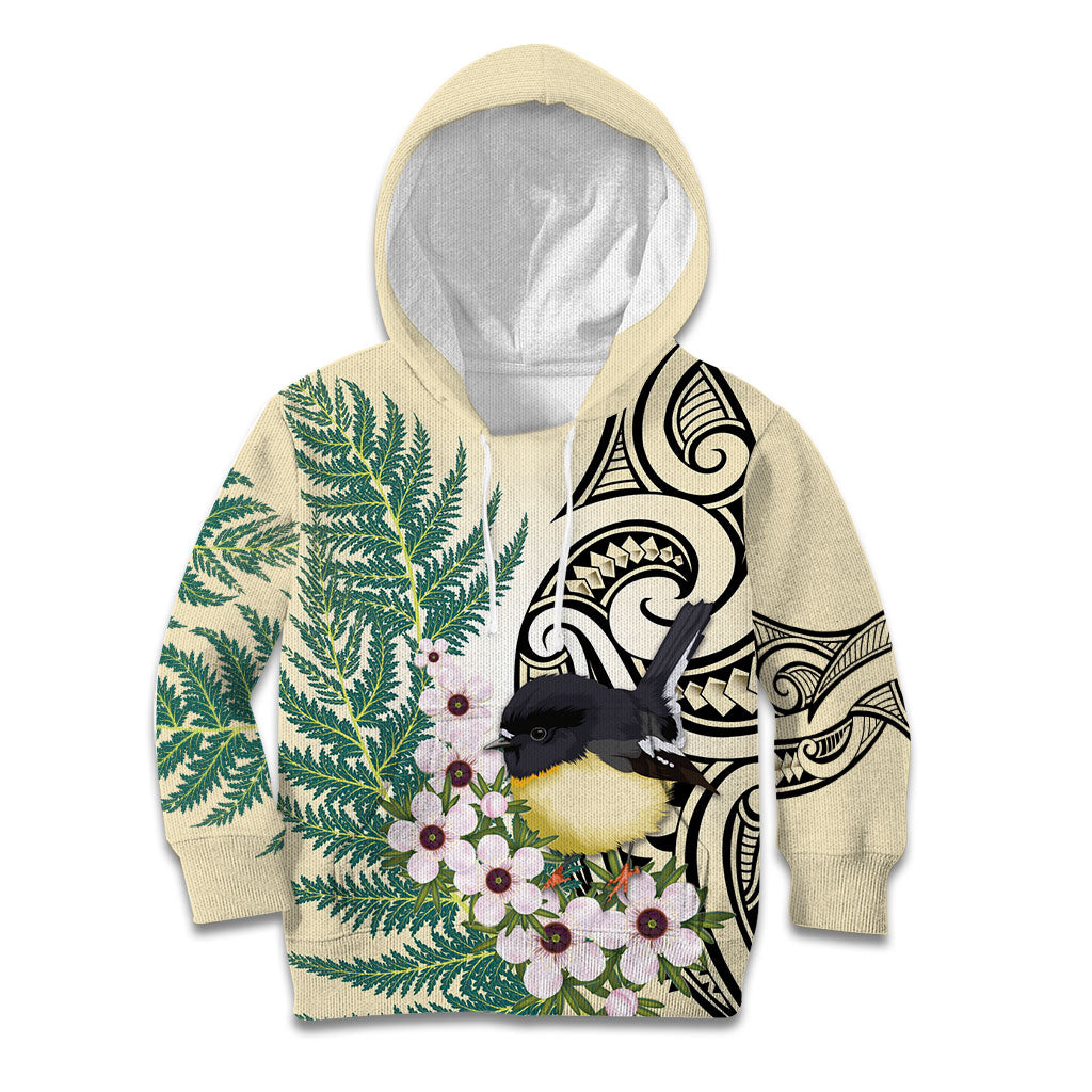 Endemic Tomtit New Zealand Kid Hoodie Miromiro Manuka Silver Fern Maori Pattern