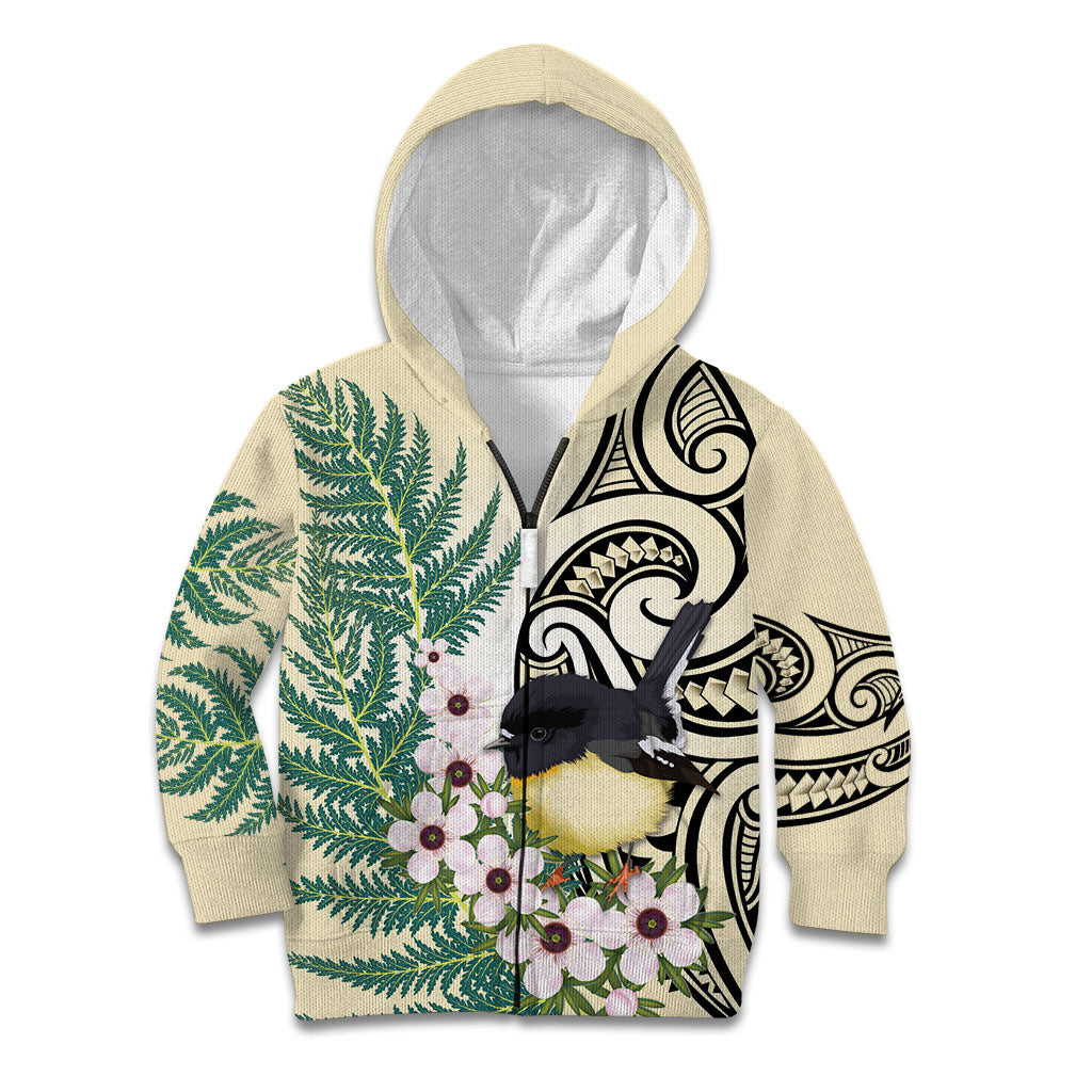 Endemic Tomtit New Zealand Kid Hoodie Miromiro Manuka Silver Fern Maori Pattern