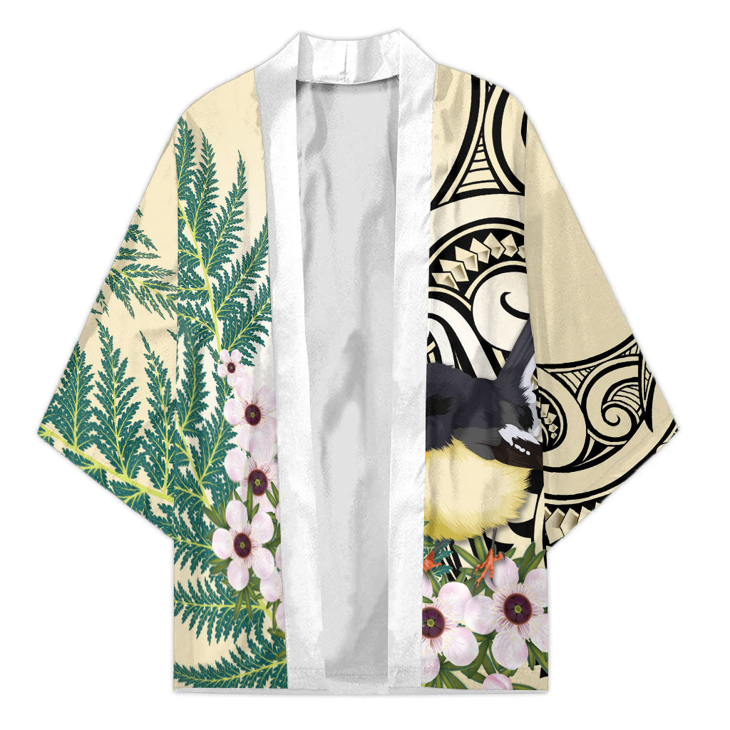 Endemic Tomtit New Zealand Kimono Miromiro Manuka Silver Fern Maori Pattern LT14 Unisex Cream - Polynesian Pride