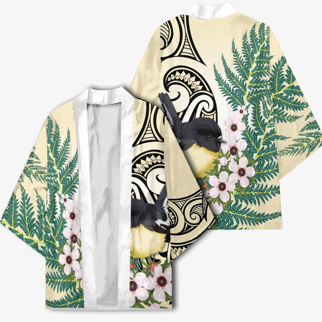 Endemic Tomtit New Zealand Kimono Miromiro Manuka Silver Fern Maori Pattern LT14 - Polynesian Pride
