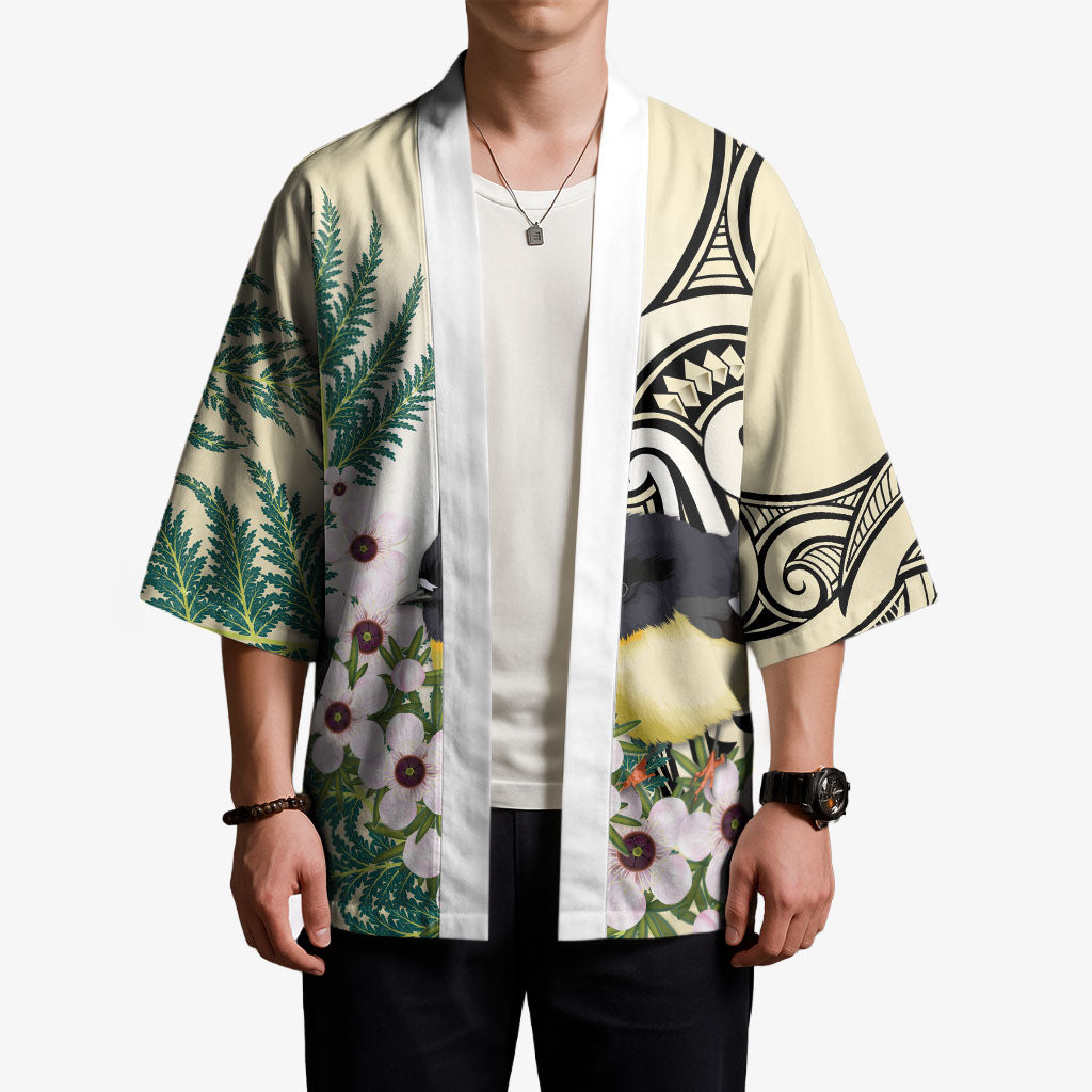 Endemic Tomtit New Zealand Kimono Miromiro Manuka Silver Fern Maori Pattern LT14 - Polynesian Pride