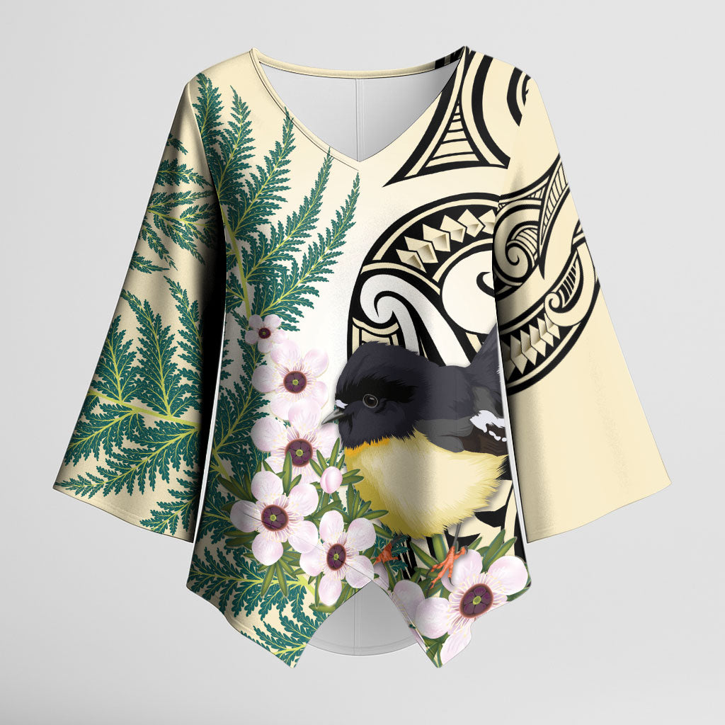Endemic Tomtit New Zealand Kimono Sleeve Blouse Miromiro Manuka Silver Fern Maori Pattern LT14 Female Cream - Polynesian Pride