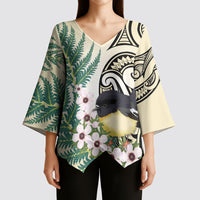 Endemic Tomtit New Zealand Kimono Sleeve Blouse Miromiro Manuka Silver Fern Maori Pattern LT14 - Polynesian Pride