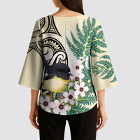 Endemic Tomtit New Zealand Kimono Sleeve Blouse Miromiro Manuka Silver Fern Maori Pattern LT14 - Polynesian Pride