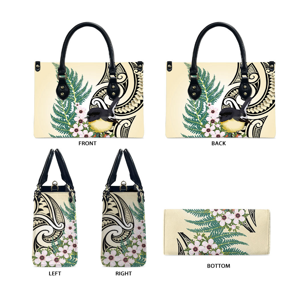 Endemic Tomtit New Zealand Leather Bag Miromiro Manuka Silver Fern Maori Pattern LT14 - Polynesian Pride