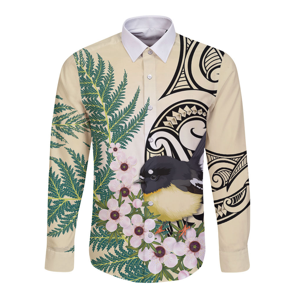 Endemic Tomtit New Zealand Long Sleeve Button Shirt Miromiro Manuka Silver Fern Maori Pattern LT14 Unisex Cream - Polynesian Pride
