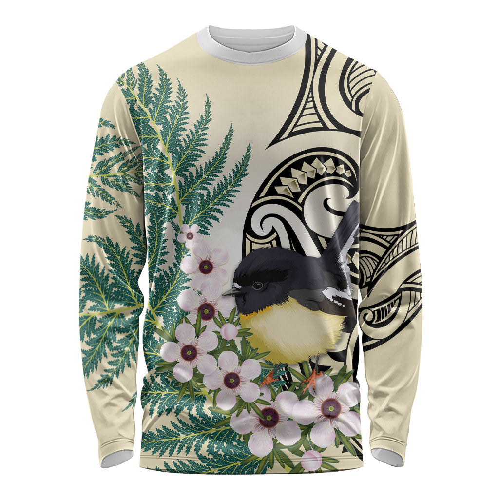 Endemic Tomtit New Zealand Long Sleeve Shirt Miromiro Manuka Silver Fern Maori Pattern LT14 Unisex Cream - Polynesian Pride