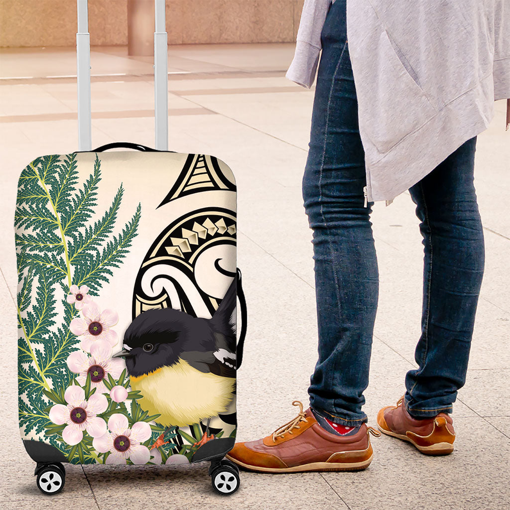 Endemic Tomtit New Zealand Luggage Cover Miromiro Manuka Silver Fern Maori Pattern LT14 Cream - Polynesian Pride