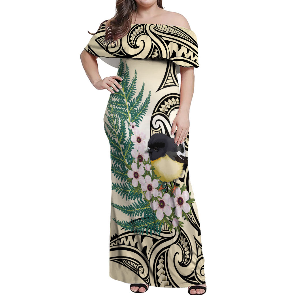 Endemic Tomtit New Zealand Off Shoulder Maxi Dress Miromiro Manuka Silver Fern Maori Pattern LT14 Women Cream - Polynesian Pride