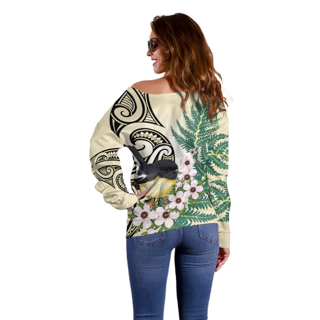 Endemic Tomtit New Zealand Off Shoulder Sweater Miromiro Manuka Silver Fern Maori Pattern LT14 - Polynesian Pride