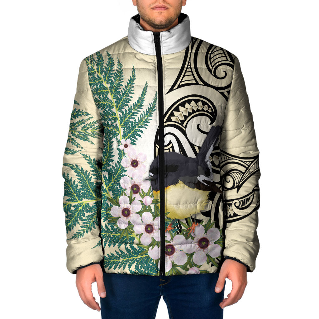Endemic Tomtit New Zealand Padded Jacket Miromiro Manuka Silver Fern Maori Pattern LT14 Men Cream - Polynesian Pride