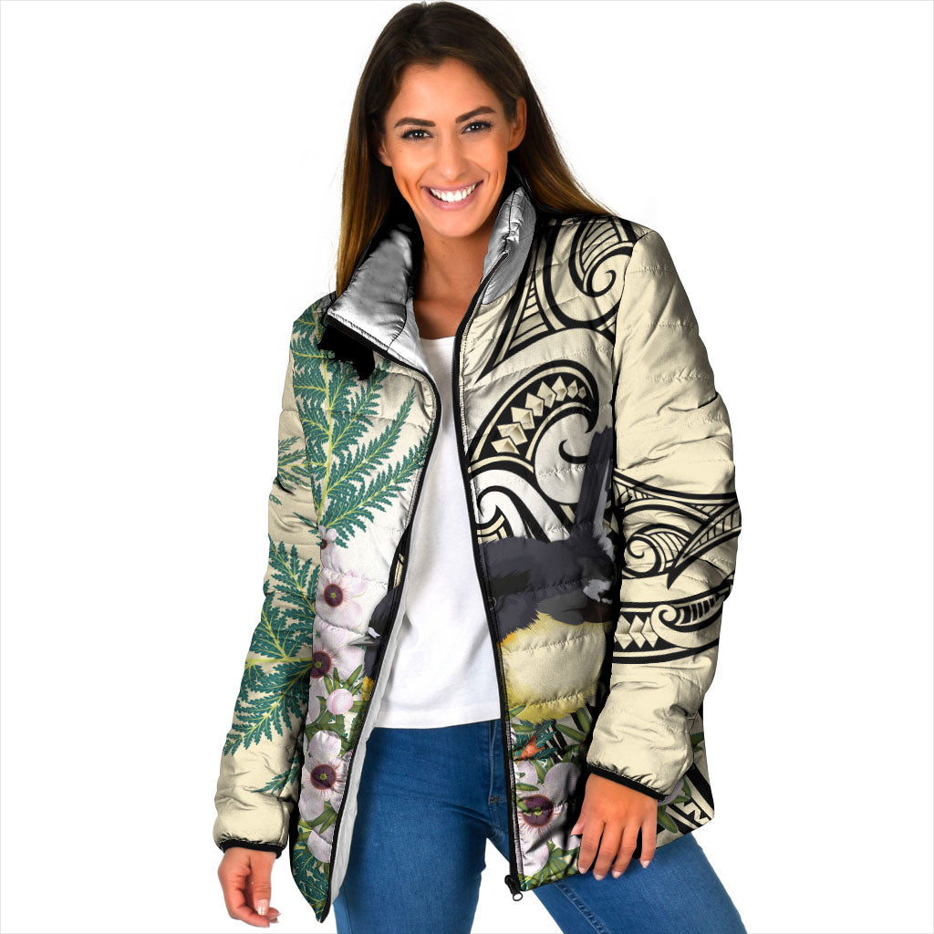 Endemic Tomtit New Zealand Padded Jacket Miromiro Manuka Silver Fern Maori Pattern LT14 Women Cream - Polynesian Pride