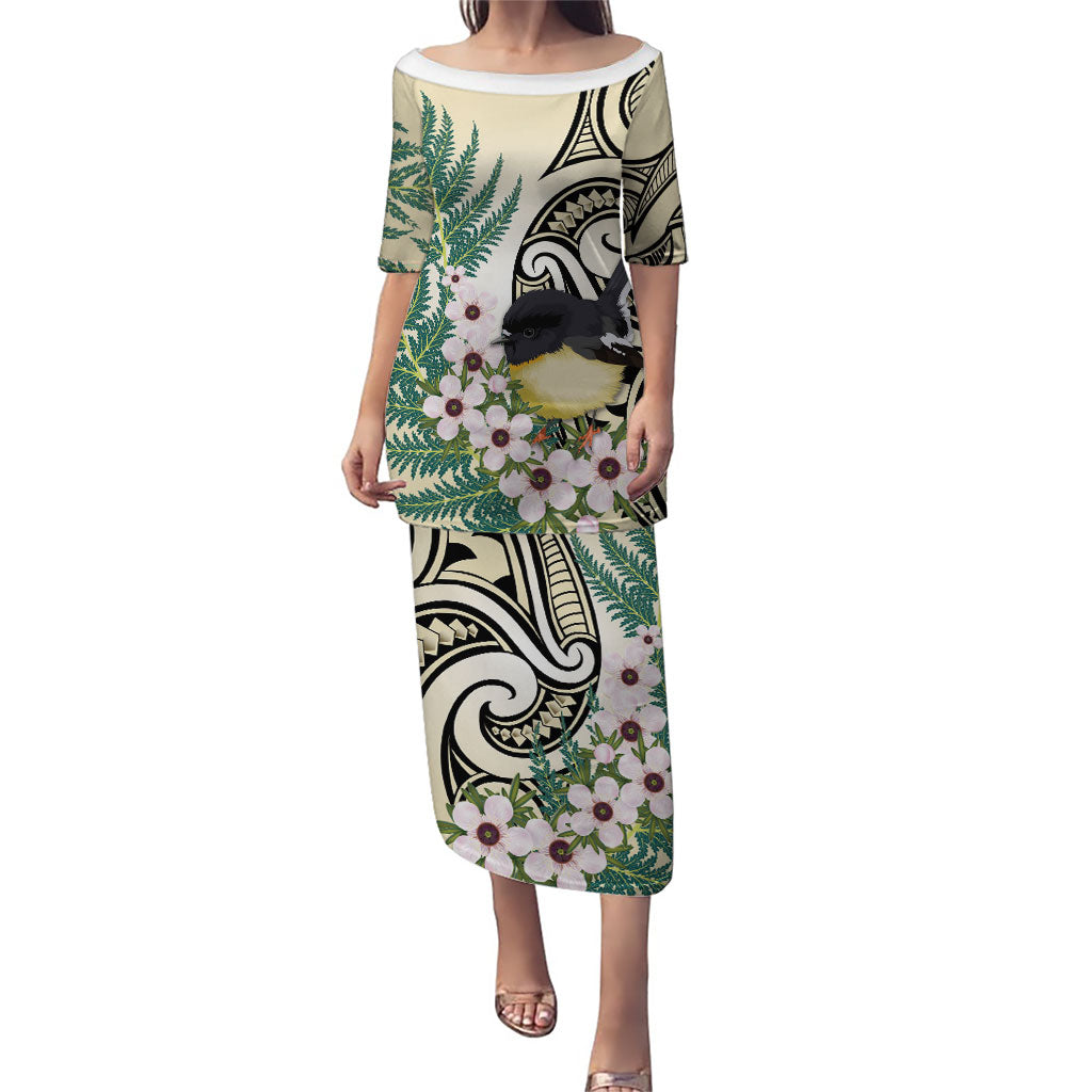 Endemic Tomtit New Zealand Puletasi Miromiro Manuka Silver Fern Maori Pattern LT14 Long Dress Cream - Polynesian Pride