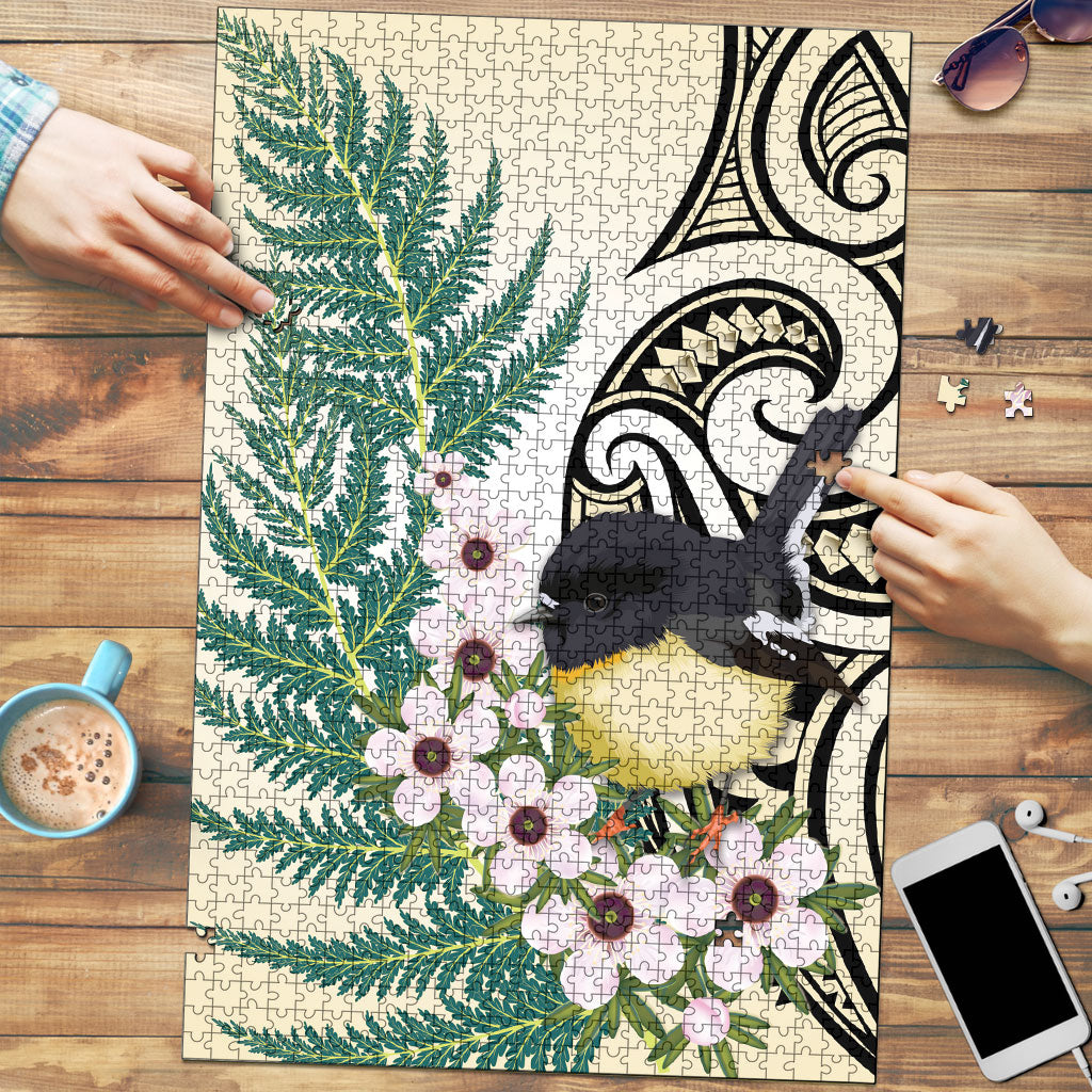 Endemic Tomtit New Zealand Puzzle Miromiro Manuka Silver Fern Maori Pattern LT14 Cream - Polynesian Pride