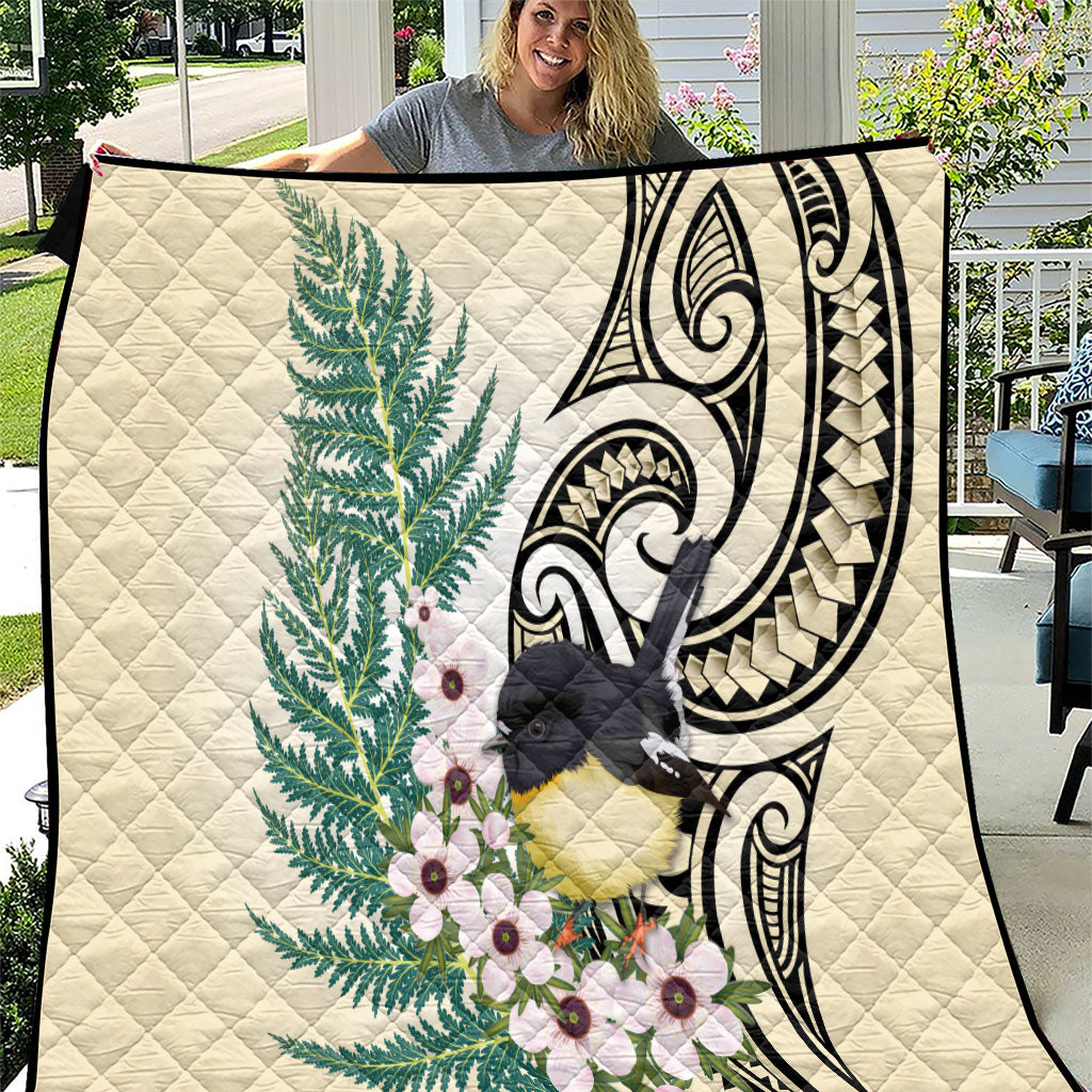 Endemic Tomtit New Zealand Quilt Miromiro Manuka Silver Fern Maori Pattern LT14 Cream - Polynesian Pride