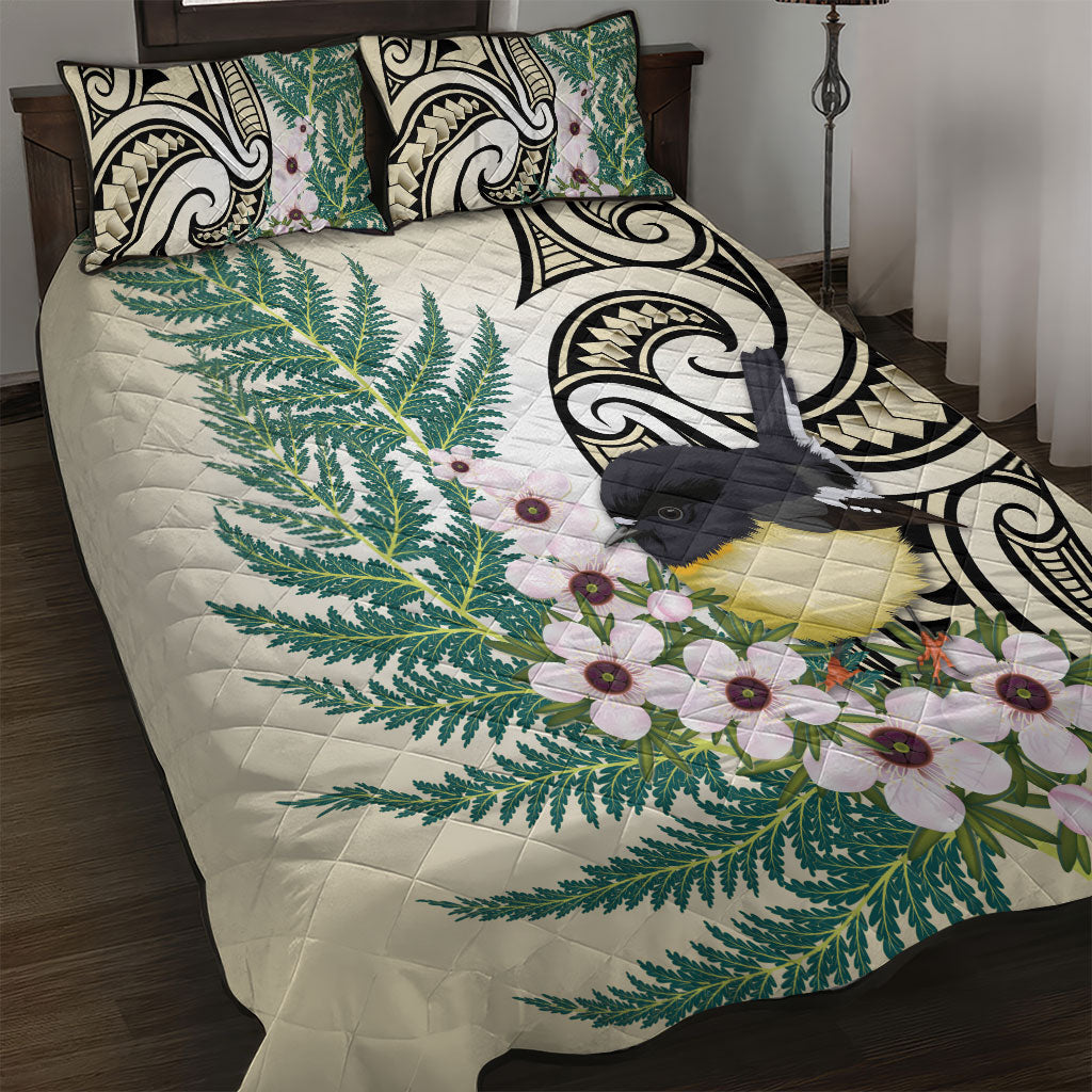 Endemic Tomtit New Zealand Quilt Bed Set Miromiro Manuka Silver Fern Maori Pattern LT14 Cream - Polynesian Pride