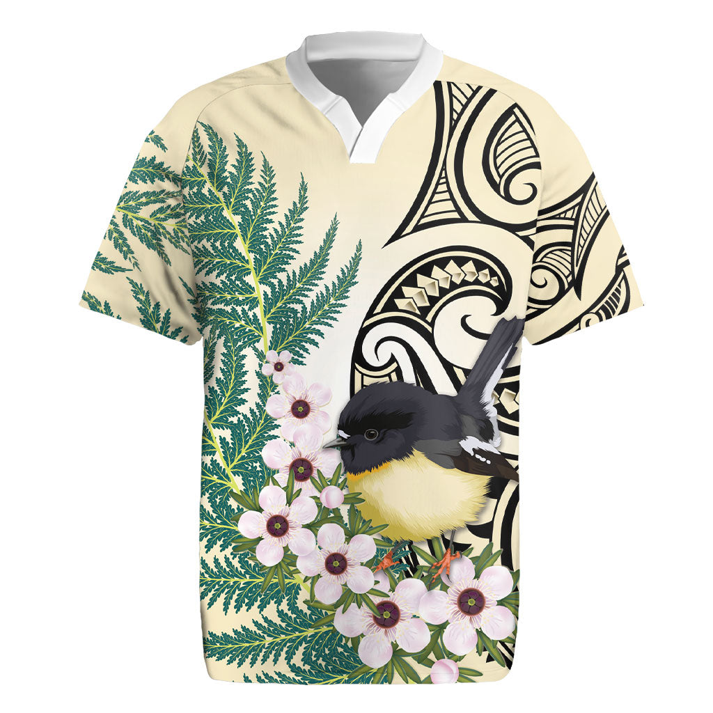 Endemic Tomtit New Zealand Rugby Jersey Miromiro Manuka Silver Fern Maori Pattern LT14 Cream - Polynesian Pride