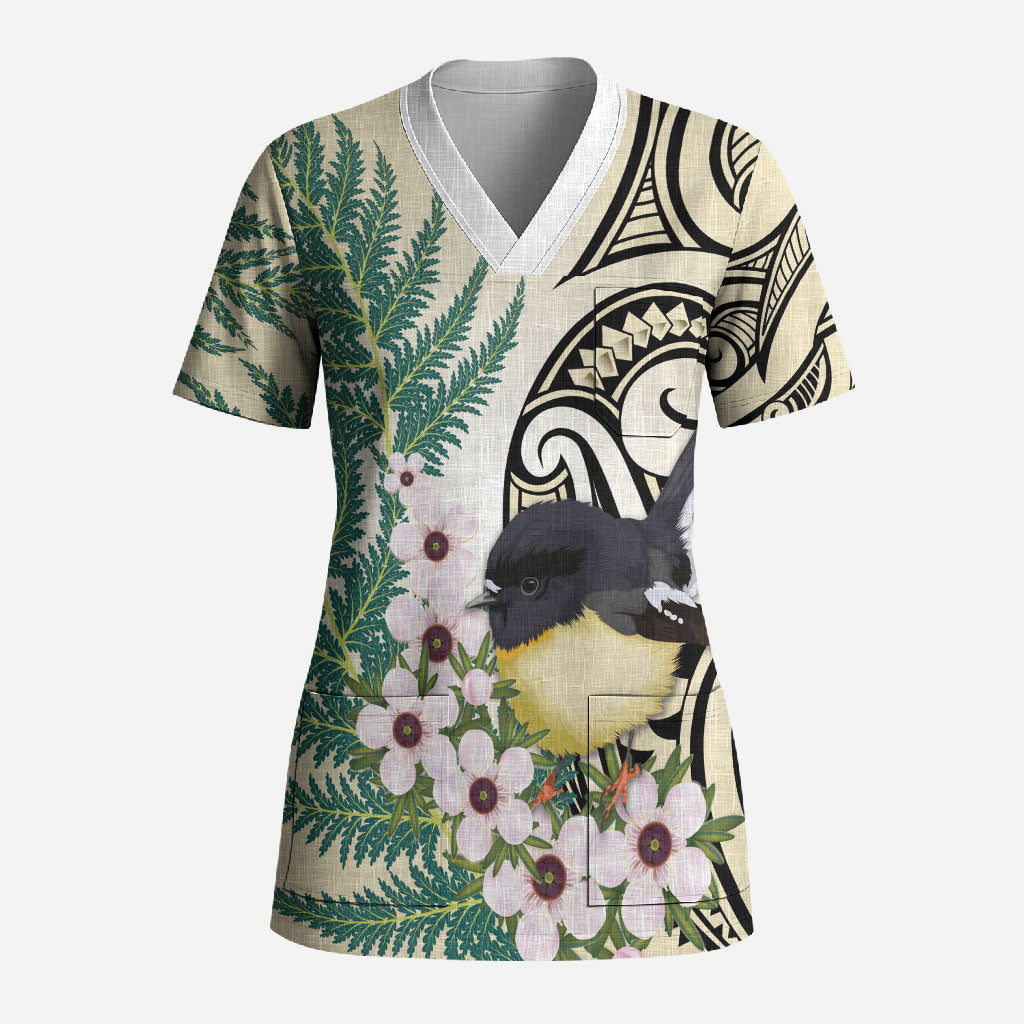 Endemic Tomtit New Zealand Scrub Top Miromiro Manuka Silver Fern Maori Pattern LT14 Adult Cream - Polynesian Pride