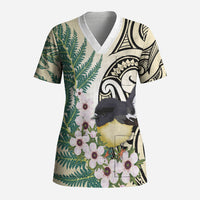 Endemic Tomtit New Zealand Scrub Top Miromiro Manuka Silver Fern Maori Pattern LT14 Adult Cream - Polynesian Pride